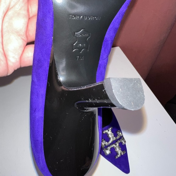 $428 Tory Burch ELEANOR PAVÉ PUMP Shoes Heel Suede Deep Purple US 7M - Picture 11 of 12